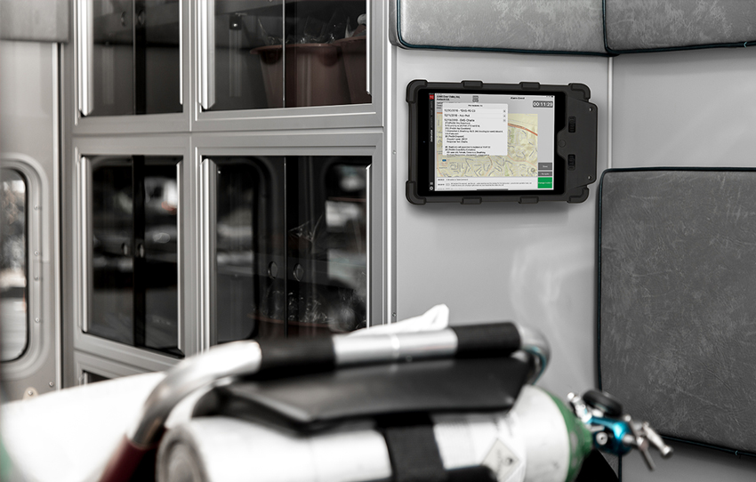 IPORT LAUNCH Rugged System, the rugged iPad vehicle mount, installed in an ambulance running Tablet Command software.